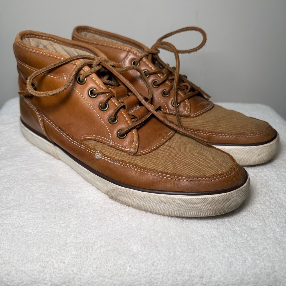 Polo Ralph Lauren‎ Mens Pietro Burnished Leather Canvas Mid Top Sneakers Tan 9D